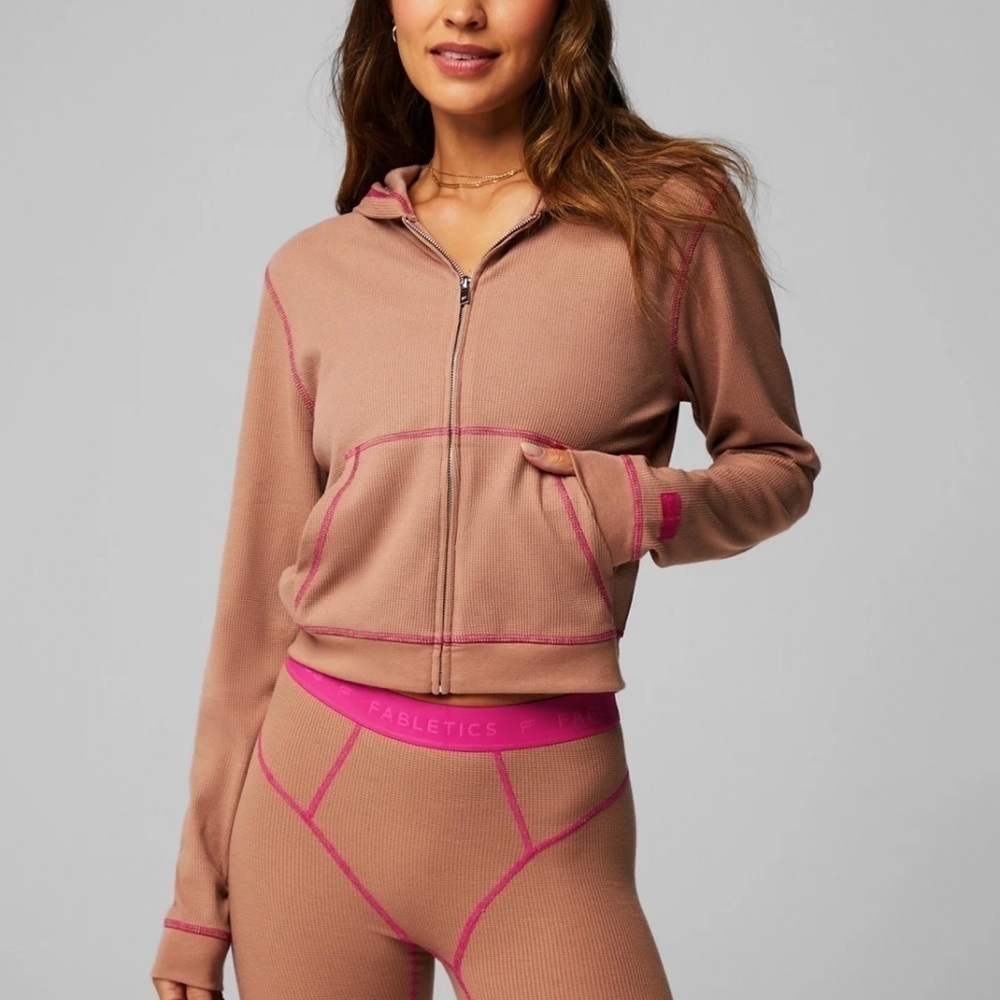 NWT Fabletics Zip-Up Waffle Cropped Hoodie Sweatshirt Teddy/Fuchsia